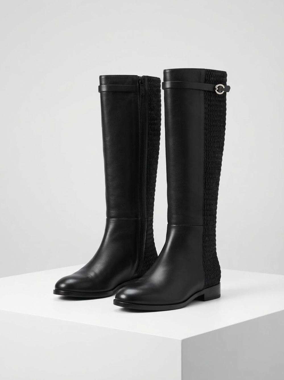 Cole Haan GrandOS Women’s Black Knee High Leather Riding Boots with Braided Back